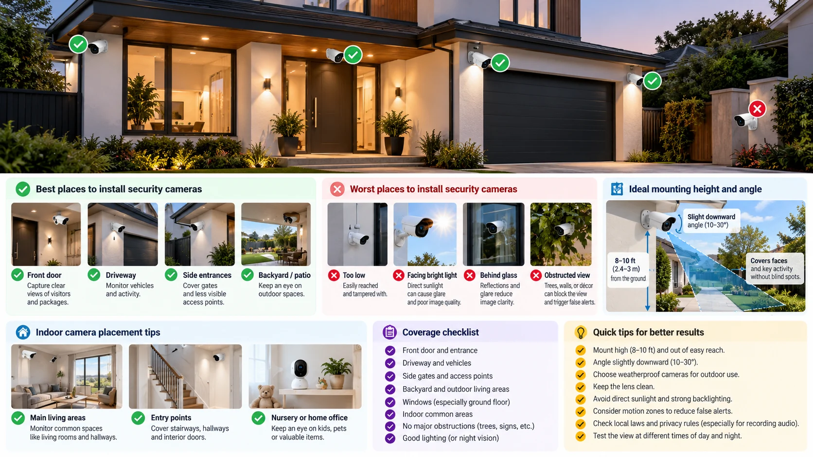 Illustrated checklist of camera coverage, mounting and environmental issues