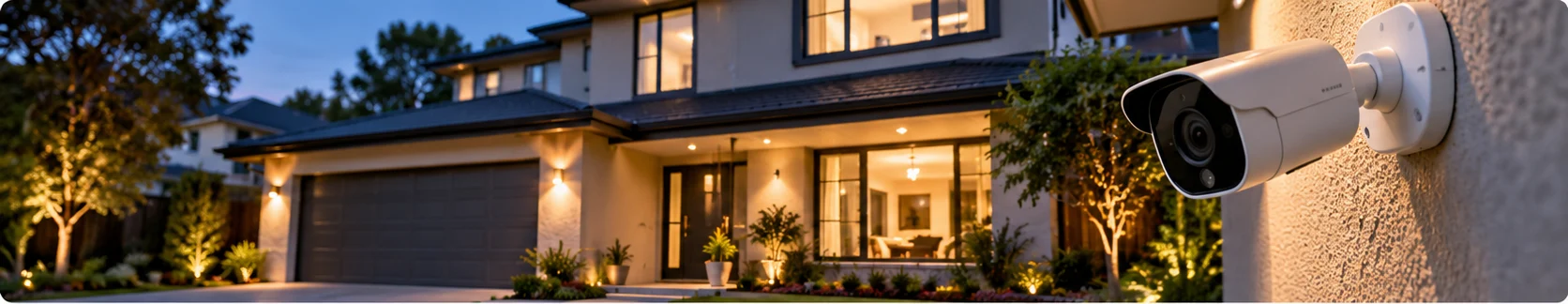 A discreet outdoor security camera watching a home's entry and driveway at dusk