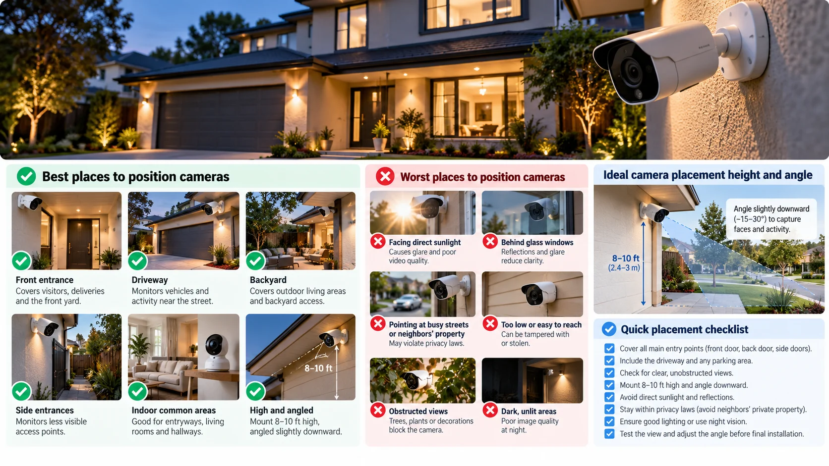 Visual examples of recommended and problematic camera positions