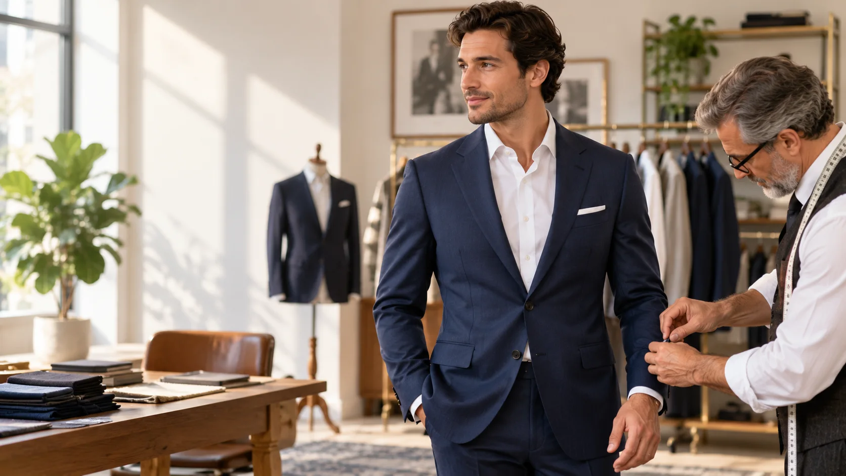 A tailor adjusting a navy suit jacket in a bright tailoring studio