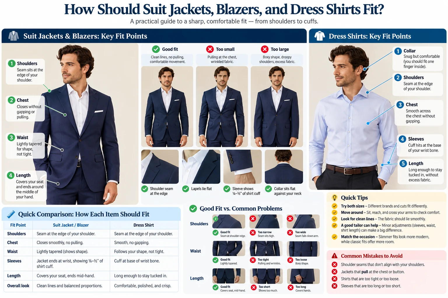 Visual comparison of suit jacket, blazer, and dress shirt fit, including shoulder, chest, sleeve and length checkpoints