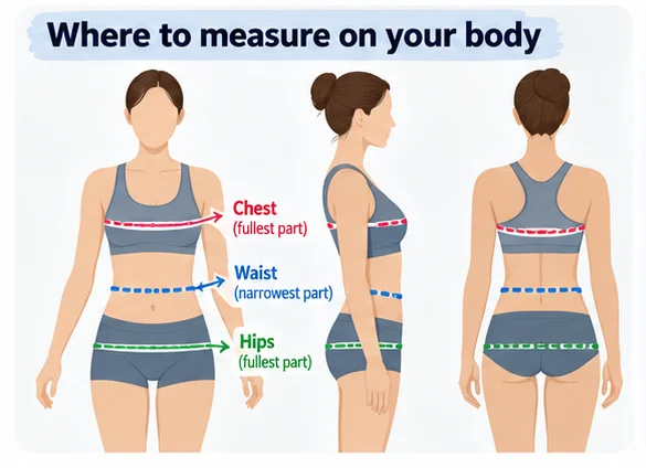 Illustration of three measuring positions on a figure from the front, side and back: chest at the fullest part, waist at the narrowest part and hips at the fullest part