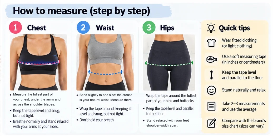 Step-by-step illustration with three panels, chest, waist and hips, each with short instructions, and a quick tips panel