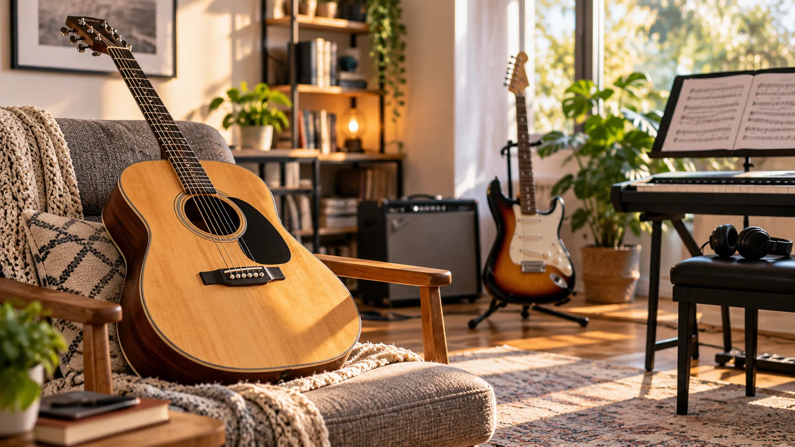 An inviting home music corner with an acoustic guitar, electric guitar, keyboard, and amplifier.