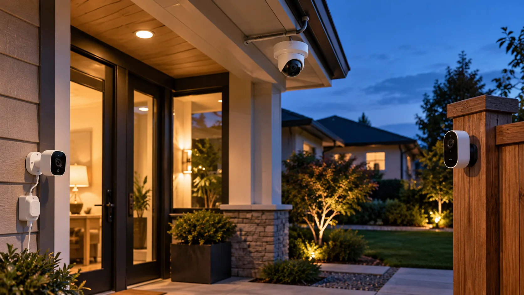 Modern home with plug-in, dome and battery security cameras mounted at the porch and gate