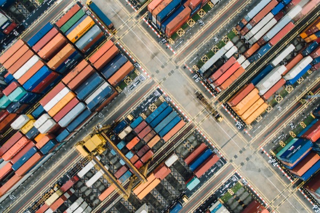 Photograph: customs duties and importing (container yard, aerial)