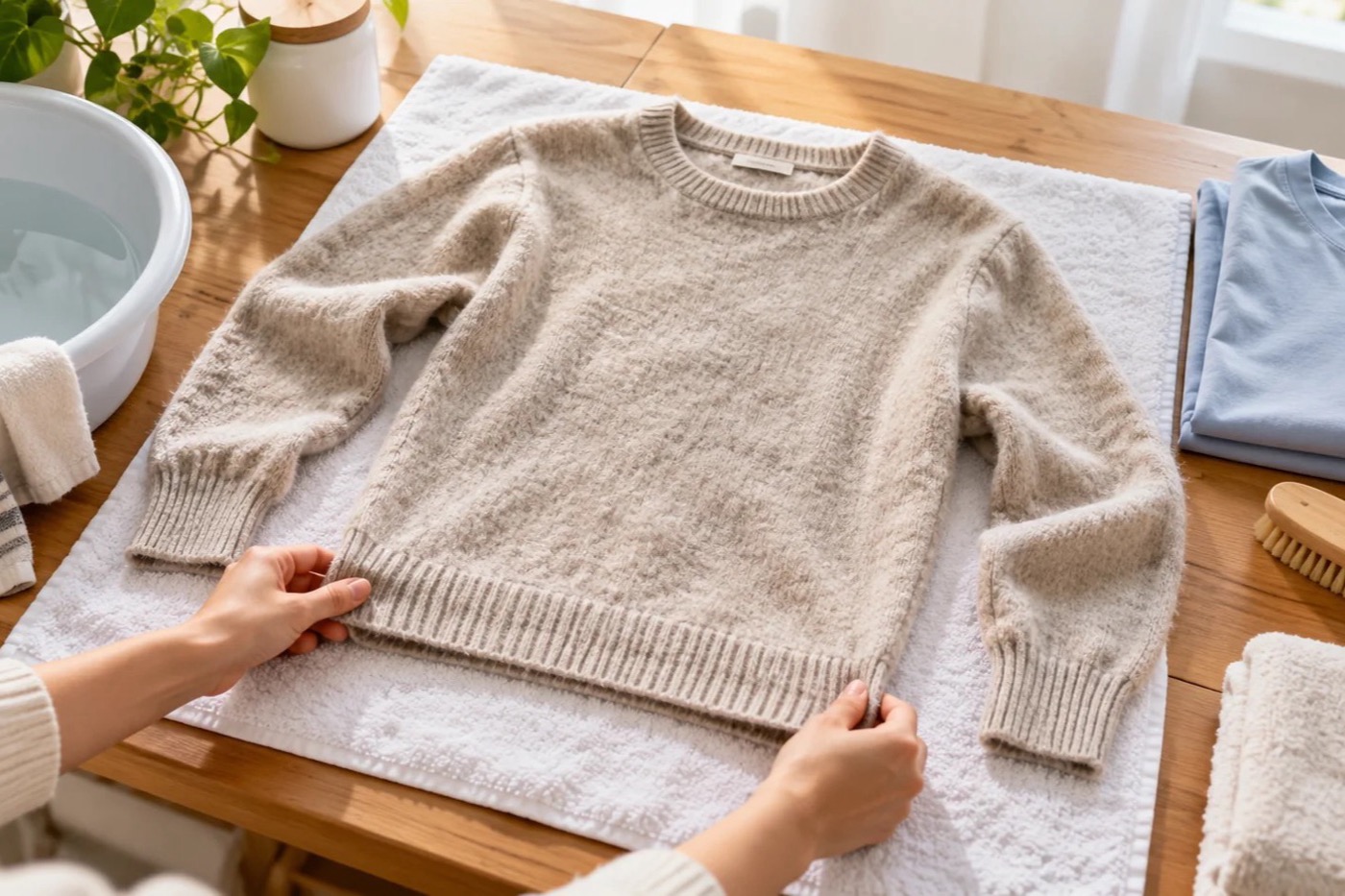 Photograph: hands gently reshaping a cream knit sweater on a towel beside a basin of water